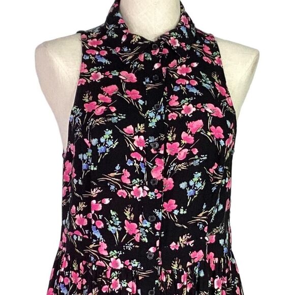 Torrid Shirt Dress Womens 00 Black Pink Ditzy Floral Challis Button Sleeveless - Picture 3 of 7